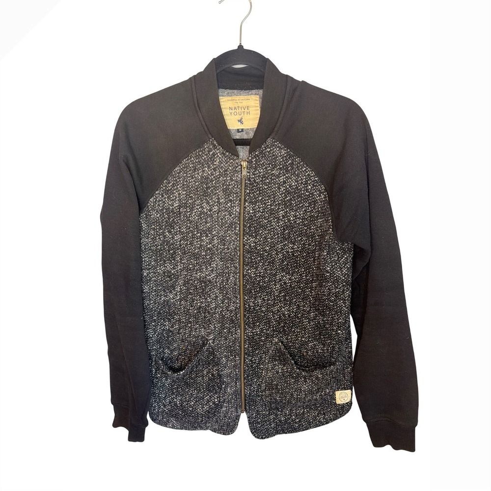 Native Youth Mens Salt and Pepper Knit Bomber Jacket‎ Black Gray Full Zip Medium
